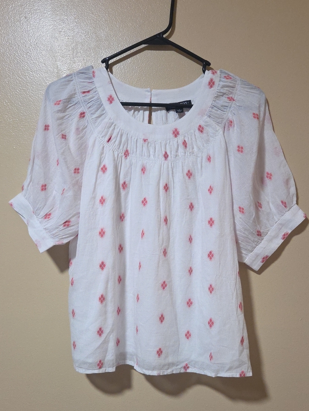 J. Crew White Blouse with Pink Diamond Print